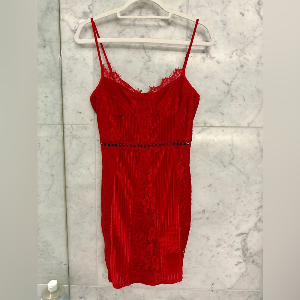 PrettyLittleThing strappy red velvet and lace dress